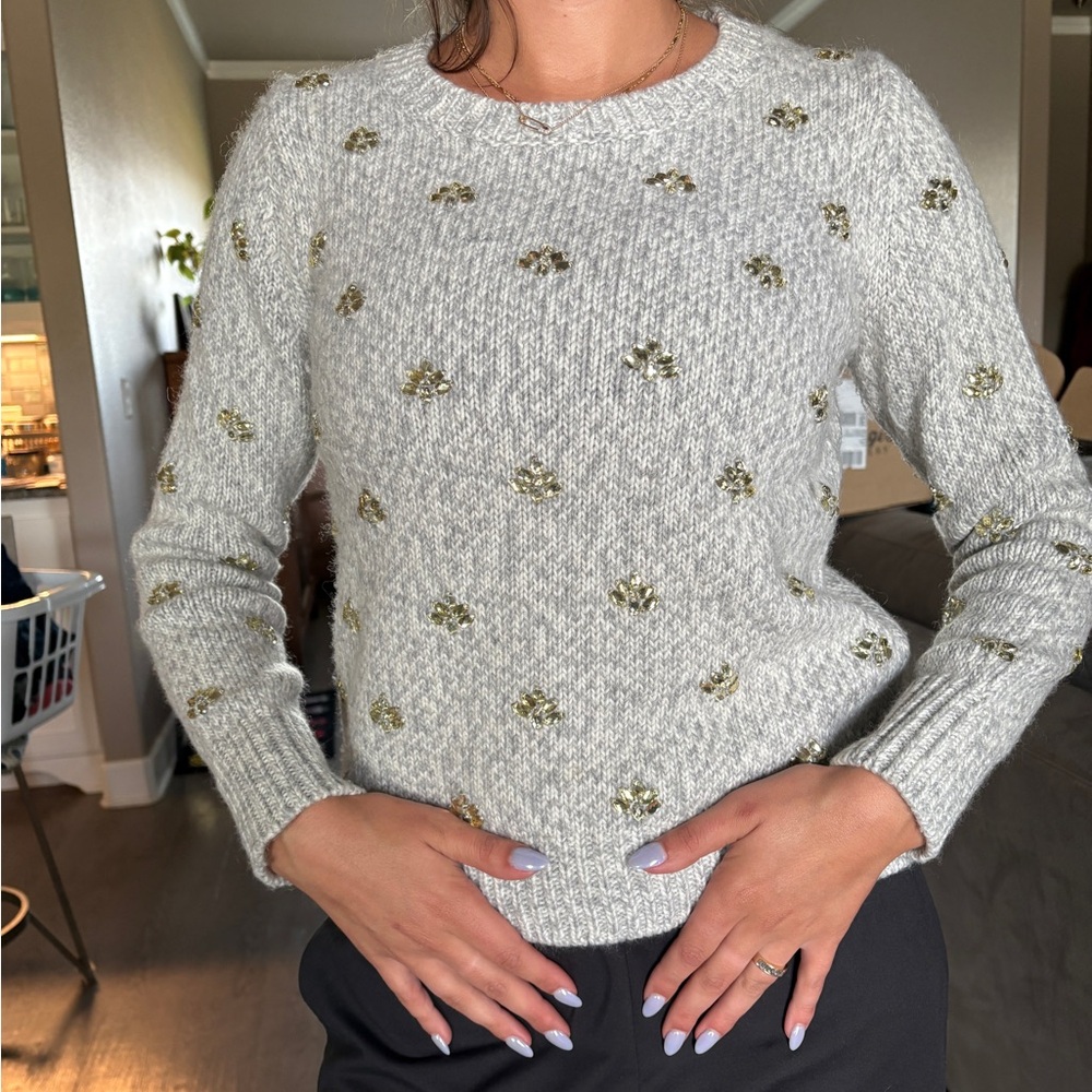 Banana Republic Cream Crewneck Sweater with Gold Bead Embellishments